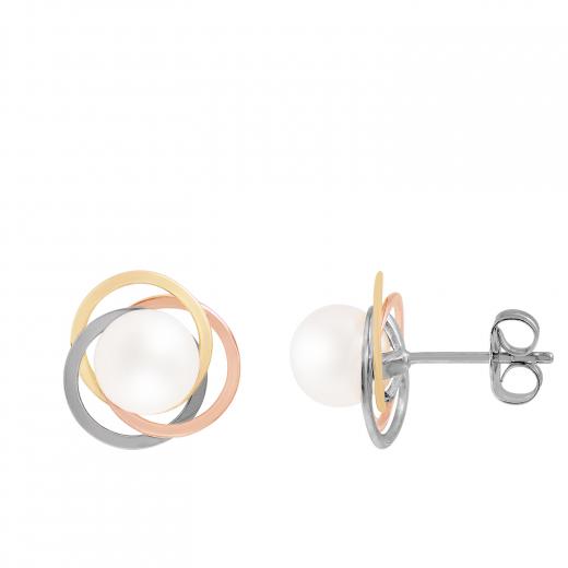 14K Tri-Colour Gold Pearl Loveknot Stud Earrings