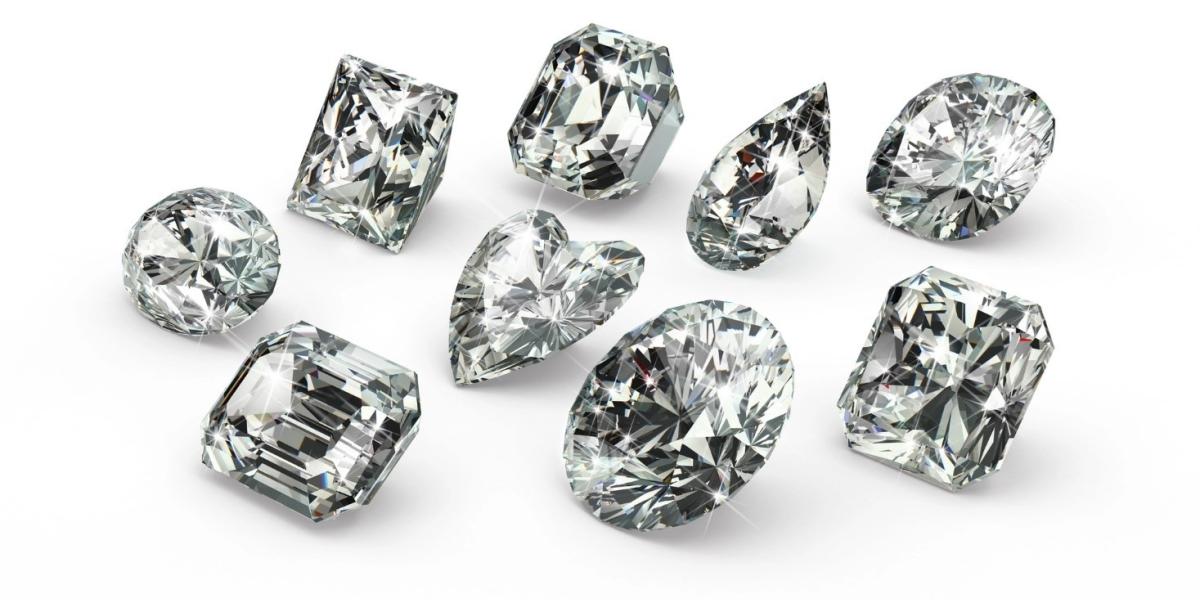 Various diamond cuts including round, princess, emerald, pear, heart, and oval shapes.